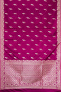 Burgundy Dual Tone Banarasi Silk Saree with Zari Butta on the body and Zari Border.  displayed on a mannequin