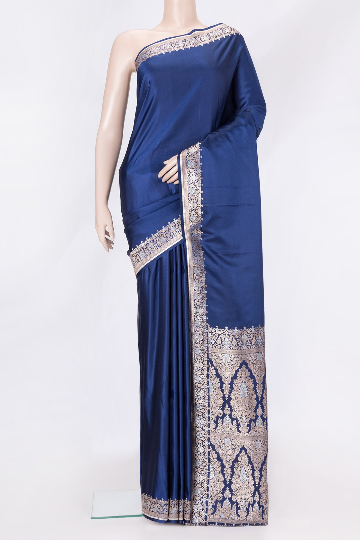 Navy Blue Dual Tone Blended Banarasi Silk Saree with Plain Body and Fancy Border.  displayed on a mannequin