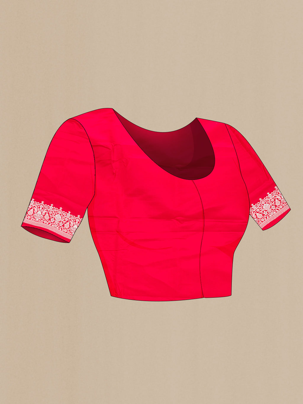 Close up image of the blouse of Red Dual Tone Blended Banarasi Silk Saree with Plain Body and Fancy Border. 