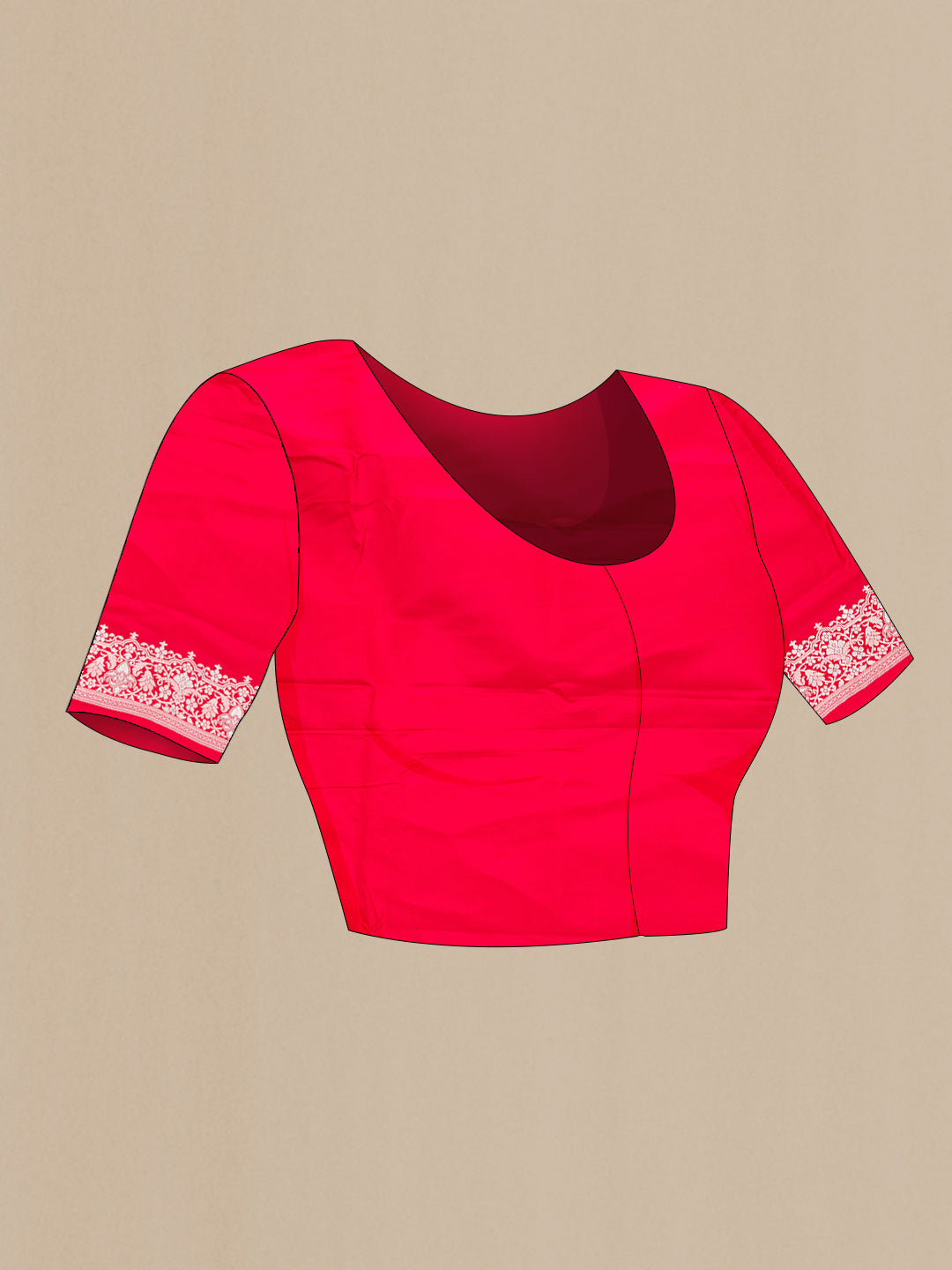 Close up image of the blouse of Red Dual Tone Blended Banarasi Silk Saree with Plain Body and Fancy Border. 