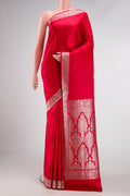 Red Dual Tone Blended Banarasi Silk Saree with Plain Body and Fancy Border.  displayed on a mannequin