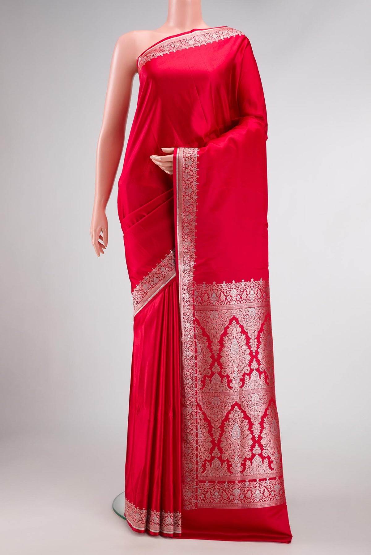 Red Dual Tone Blended Banarasi Silk Saree with Plain Body and Fancy Border.  displayed on a mannequin