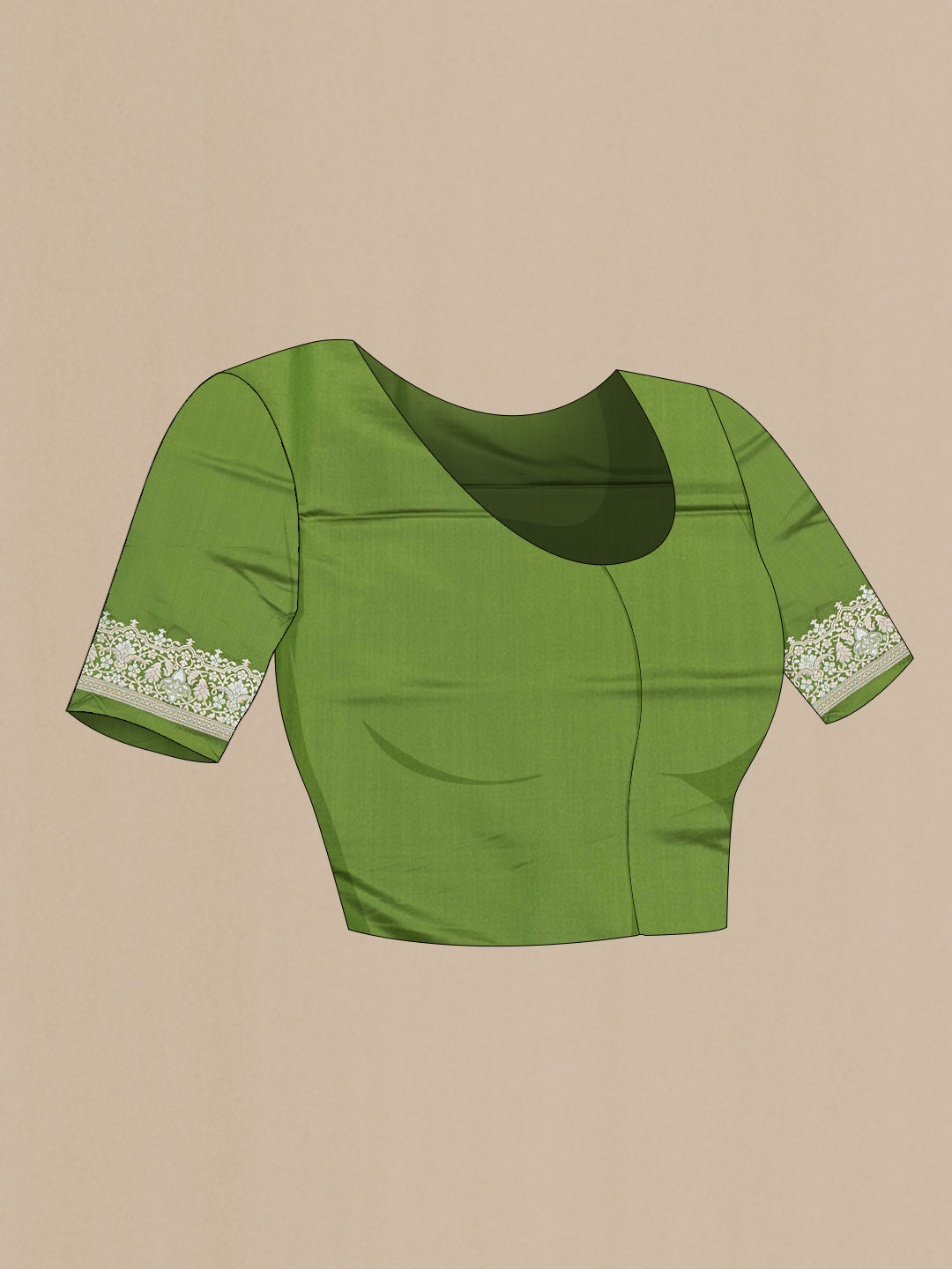 Close up image of the blouse of Green Dual Tone Blended Banarasi Silk Saree with Plain Body and Zari Border. 