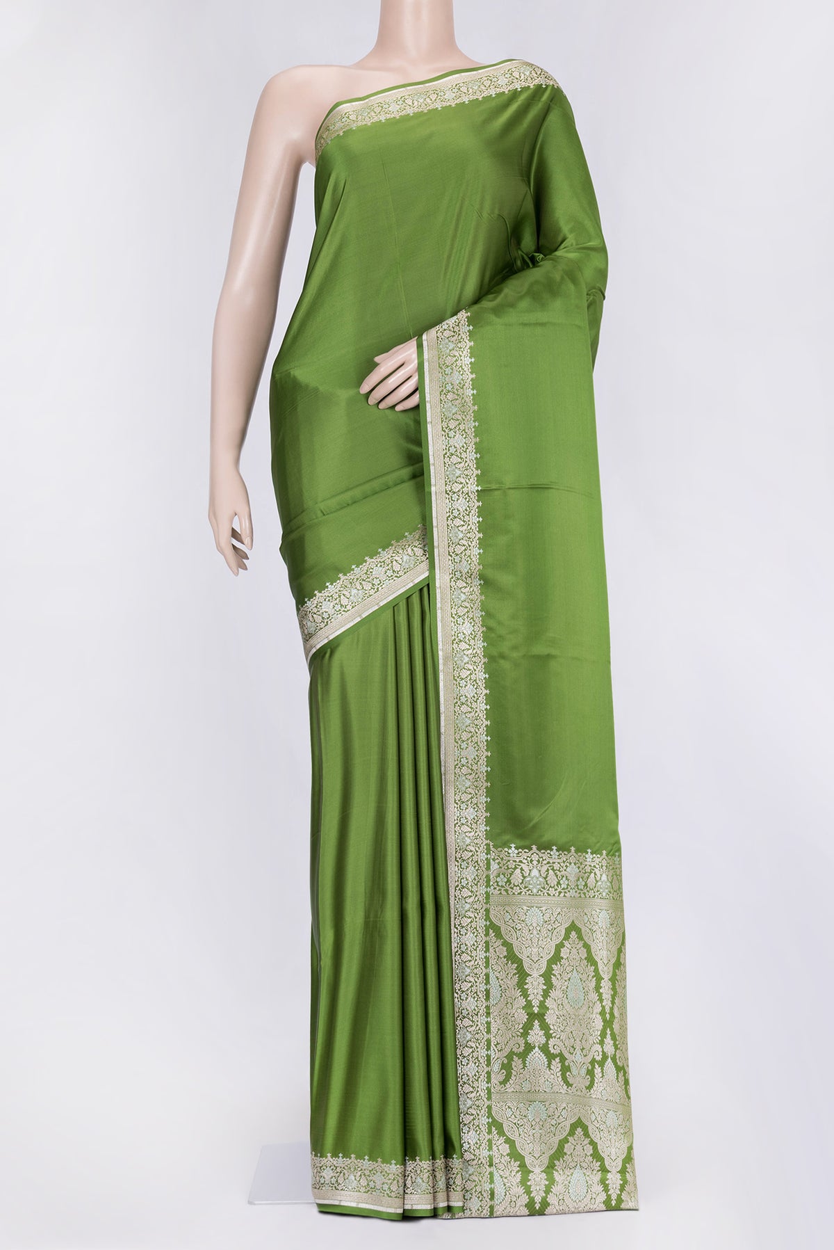 Green Dual Tone Blended Banarasi Silk Saree with Plain Body and Zari Border.  displayed on a mannequin