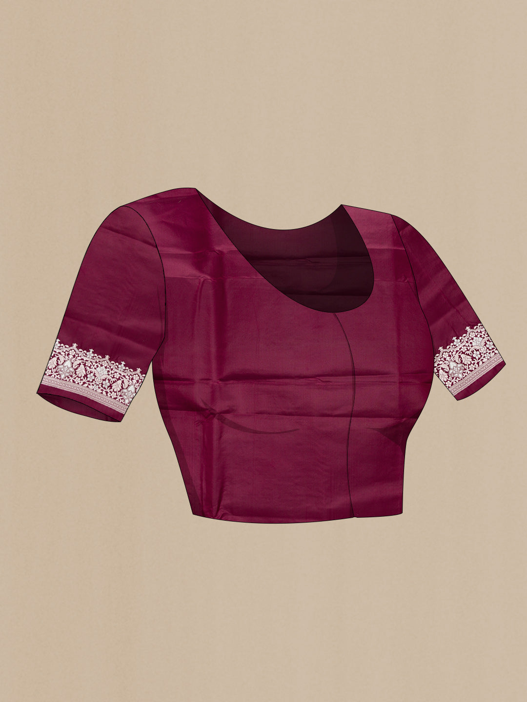 Close up image of the blouse of Burgundy Dual Tone Blended Banarasi Silk Saree with Plain Body and Fancy Border. 