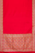 Red Dual Tone Banarasi Silk Saree with Plain Body and Fancy Border.  displayed on a mannequin