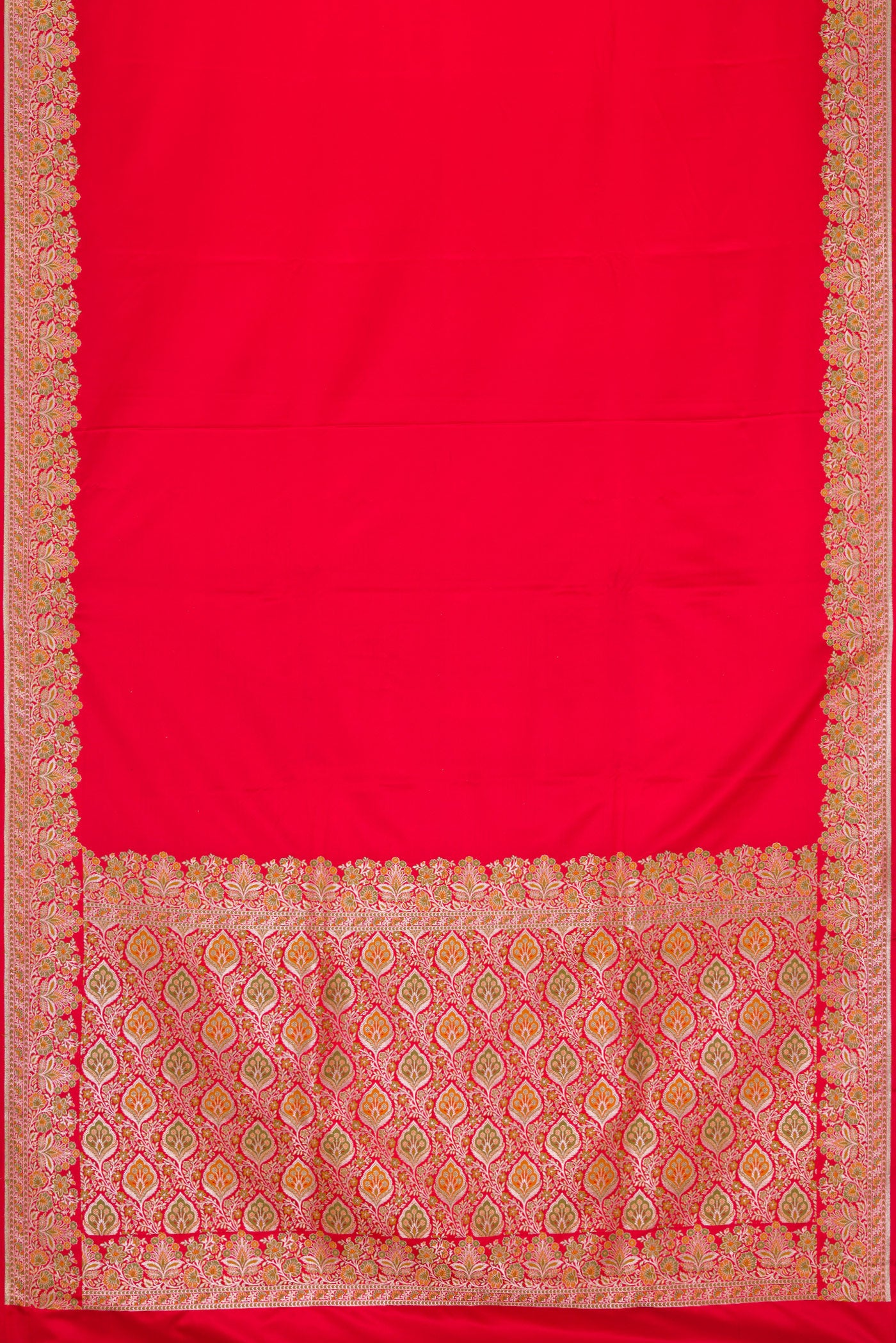 Flat view of Red Dual Tone Banarasi Silk Saree with Plain Body and Fancy Border. 
