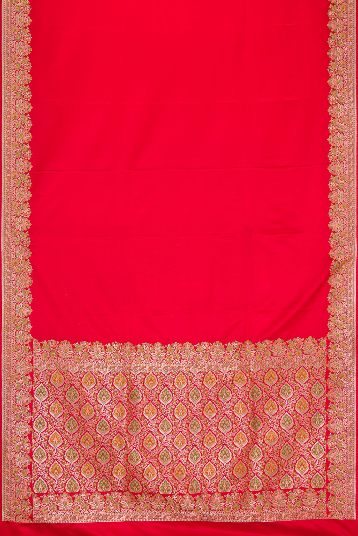 Flat view of Red Dual Tone Banarasi Silk Saree with Plain Body and Fancy Border. 