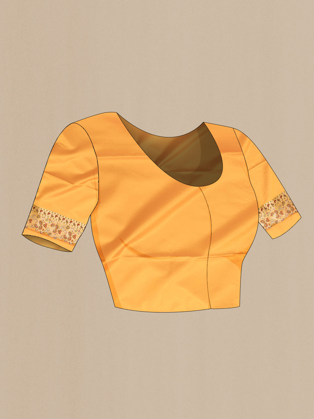 Close up image of the blouse of Yellow Dual Tone Blended Banarasi Silk Saree with Plain Body and Fancy Border. 