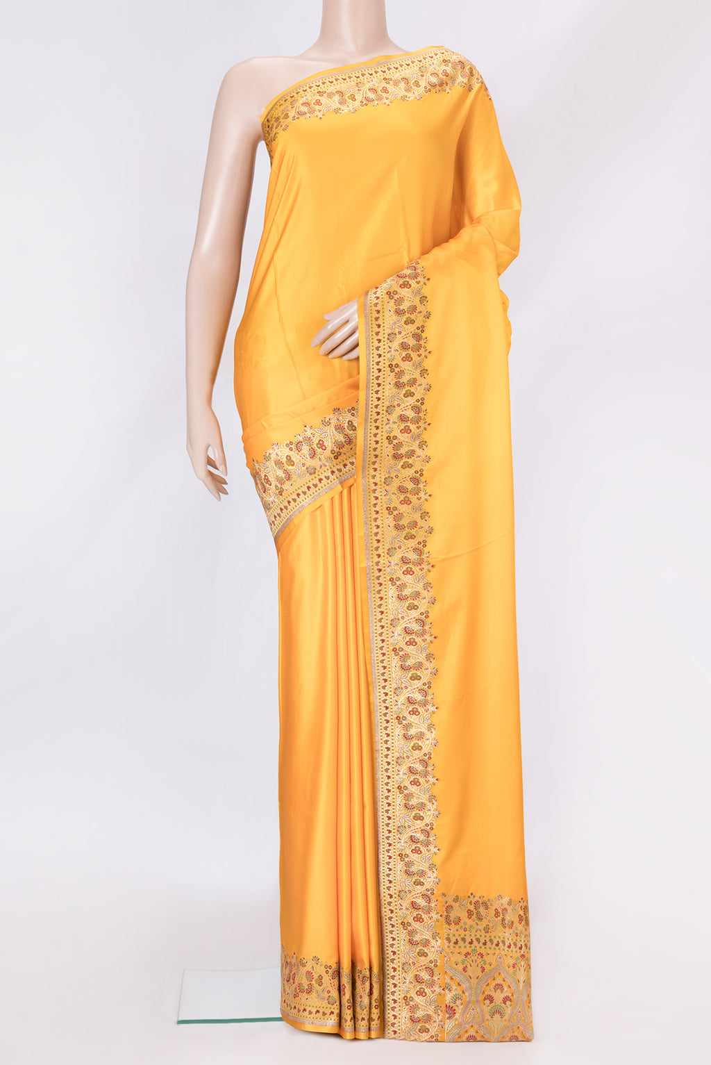 Yellow Dual Tone Blended Banarasi Silk Saree with Plain Body and Fancy Border.  displayed on a mannequin