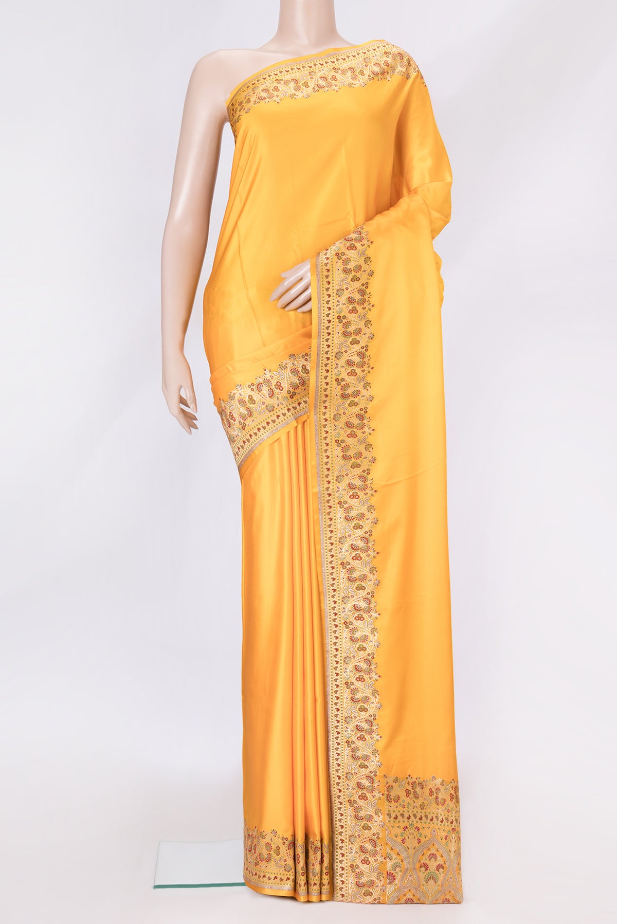 Yellow Dual Tone Blended Banarasi Silk Saree with Plain Body and Fancy Border.  displayed on a mannequin