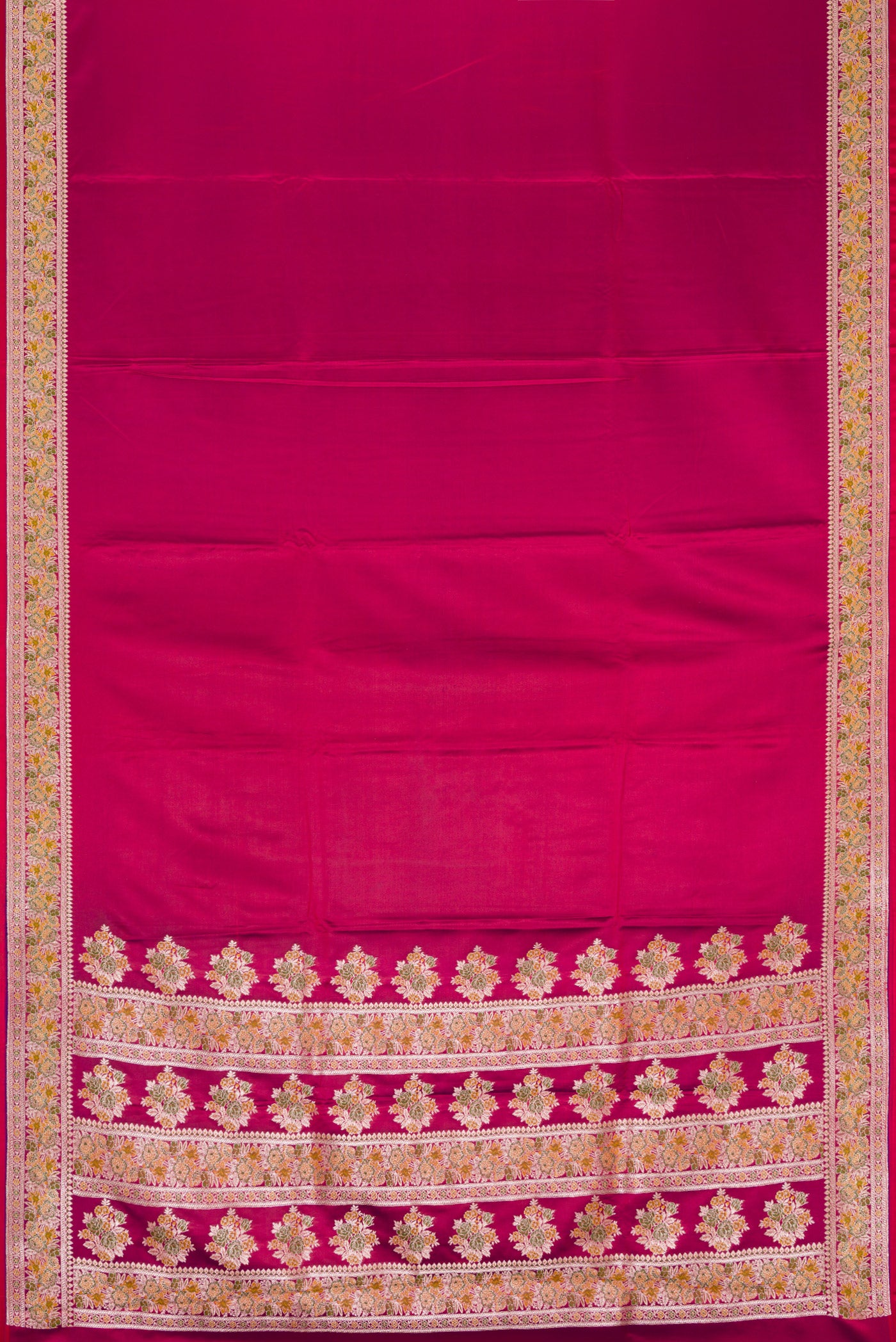 Flat view of Maroon Dual Tone Banarasi Silk Saree with Plain Body and Fancy Border. 
