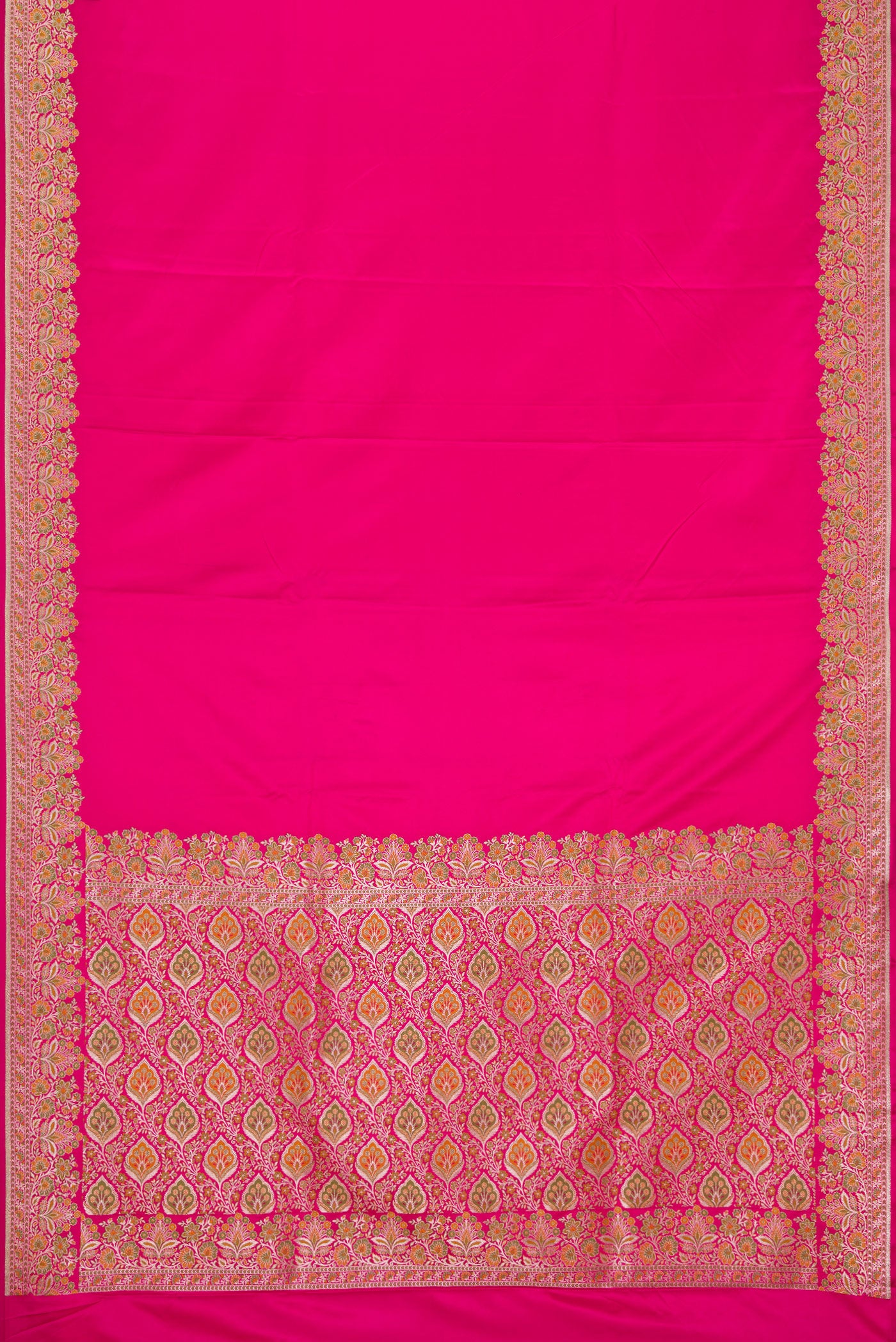 Pink Dual Tone Banarasi Silk Saree with Plain Body and Zari Border.  displayed on a mannequin