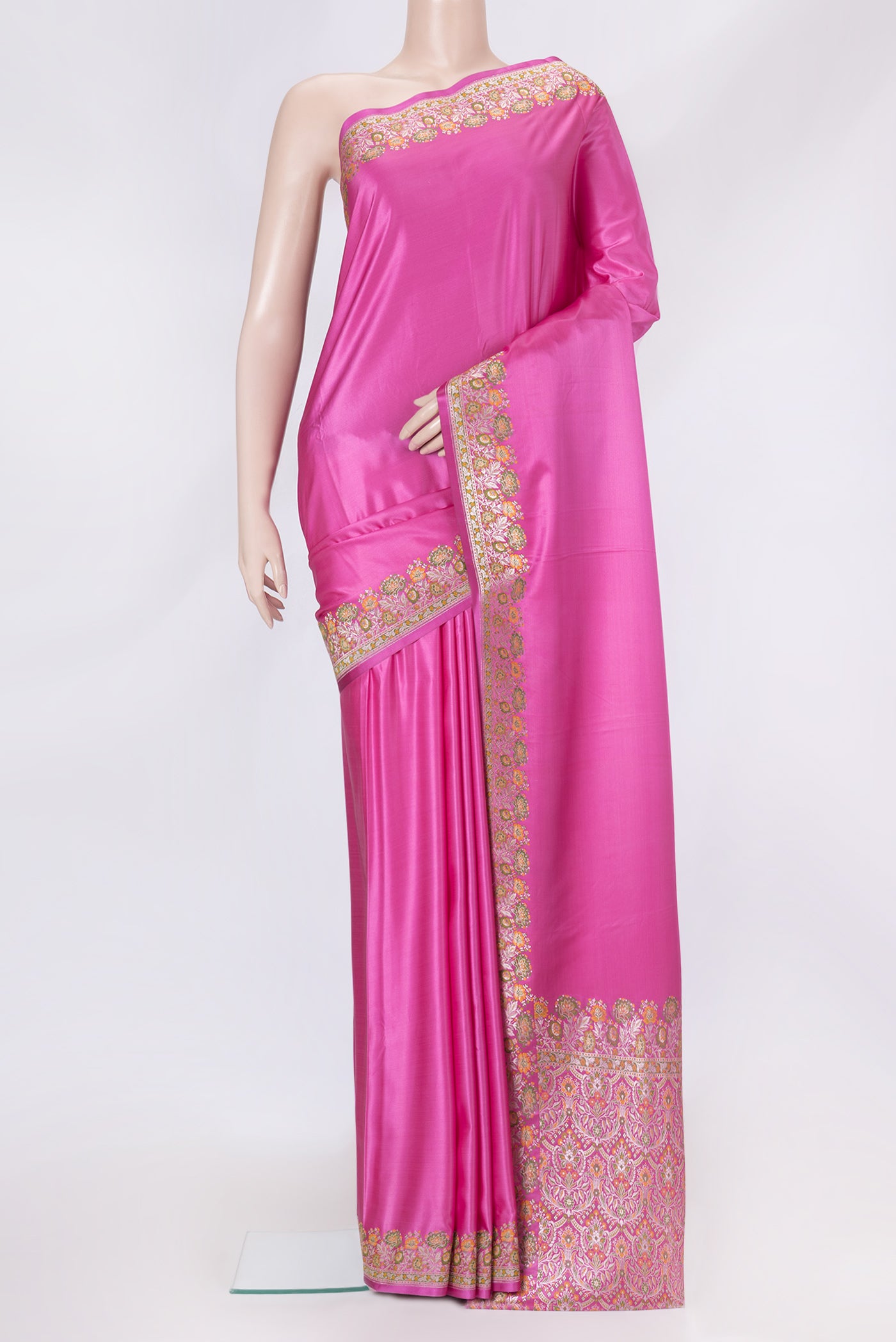 Pink Dual Tone Blended Banarasi Silk Saree with Plain Body and Fancy Border.  displayed on a mannequin