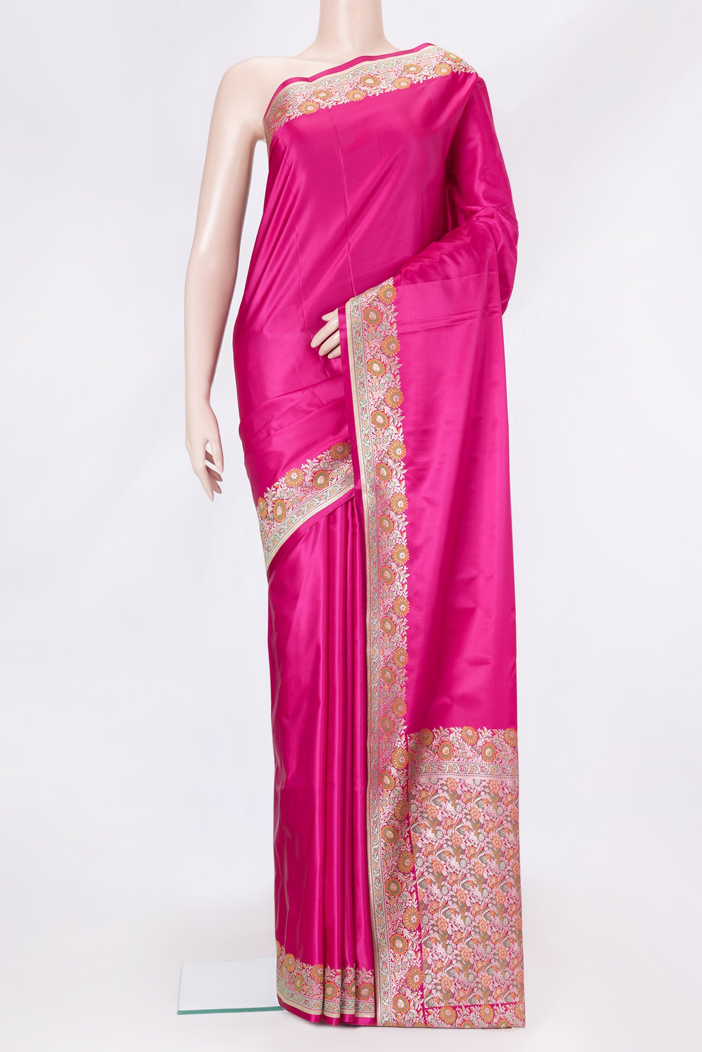 Pink Dual Tone Blended Banarasi Silk Saree with Plain Body and Fancy Border.  displayed on a mannequin