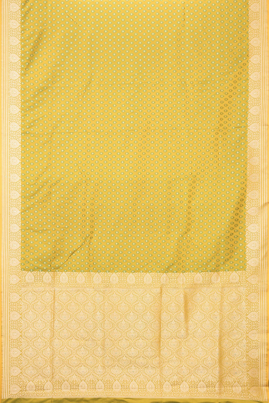 Flat view of Mehandi Green Dual Tone Blended Banarasi Silk Saree with Zari And Thread Butta on the body and Zari Border. 