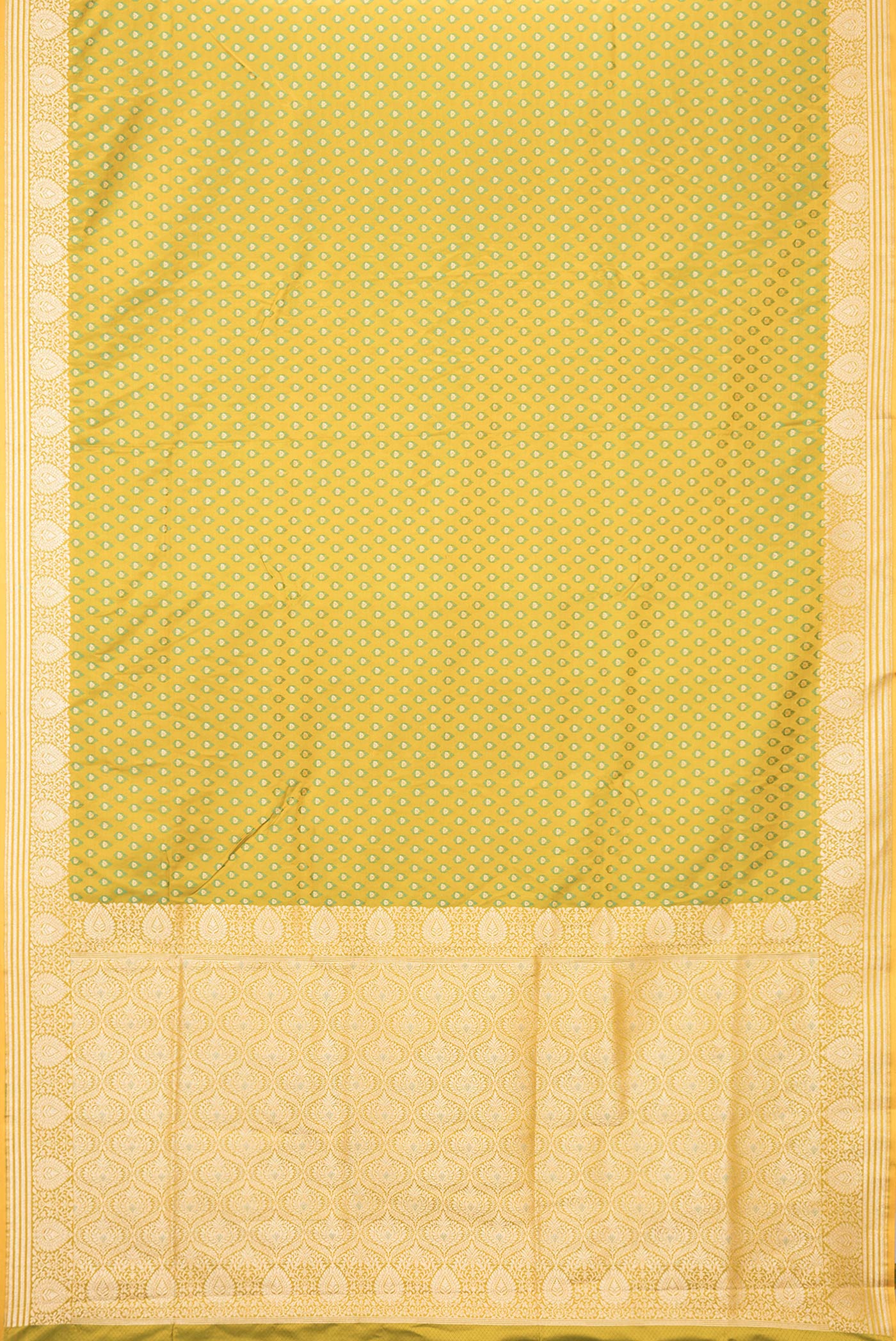 Flat view of Mehandi Green Dual Tone Blended Banarasi Silk Saree with Zari And Thread Butta on the body and Zari Border. 