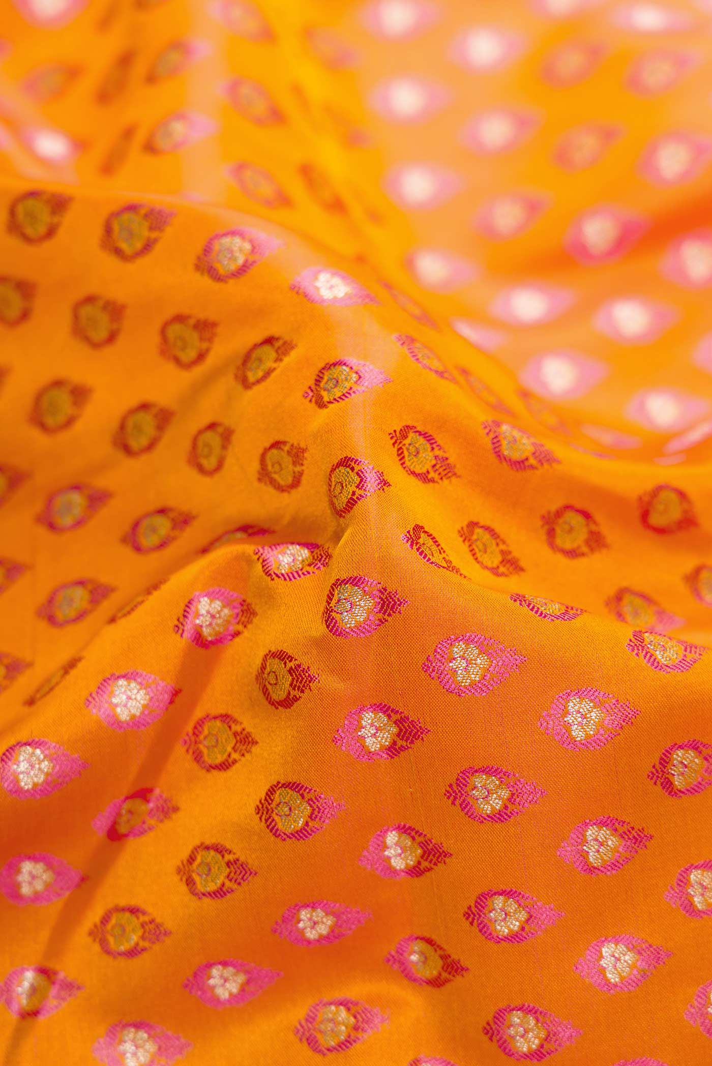 Close up of Mustard Dual Tone Blended Banarasi Silk Saree with Zari Butta on the body and Zari Border.  displaying folds