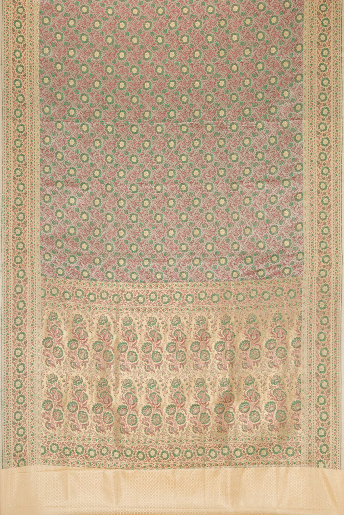 Flat view of Grey Dual Tone Banarasi Silk Saree with Jacquard With Zari Butta on the body and Zari Border. 