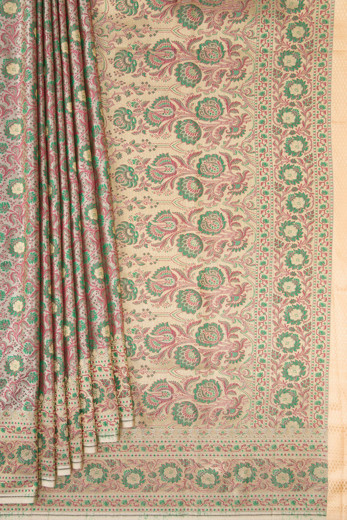 Pleats and pallu of Grey Dual Tone Banarasi Silk Saree with Jacquard With Zari Butta on the body and Zari Border. 