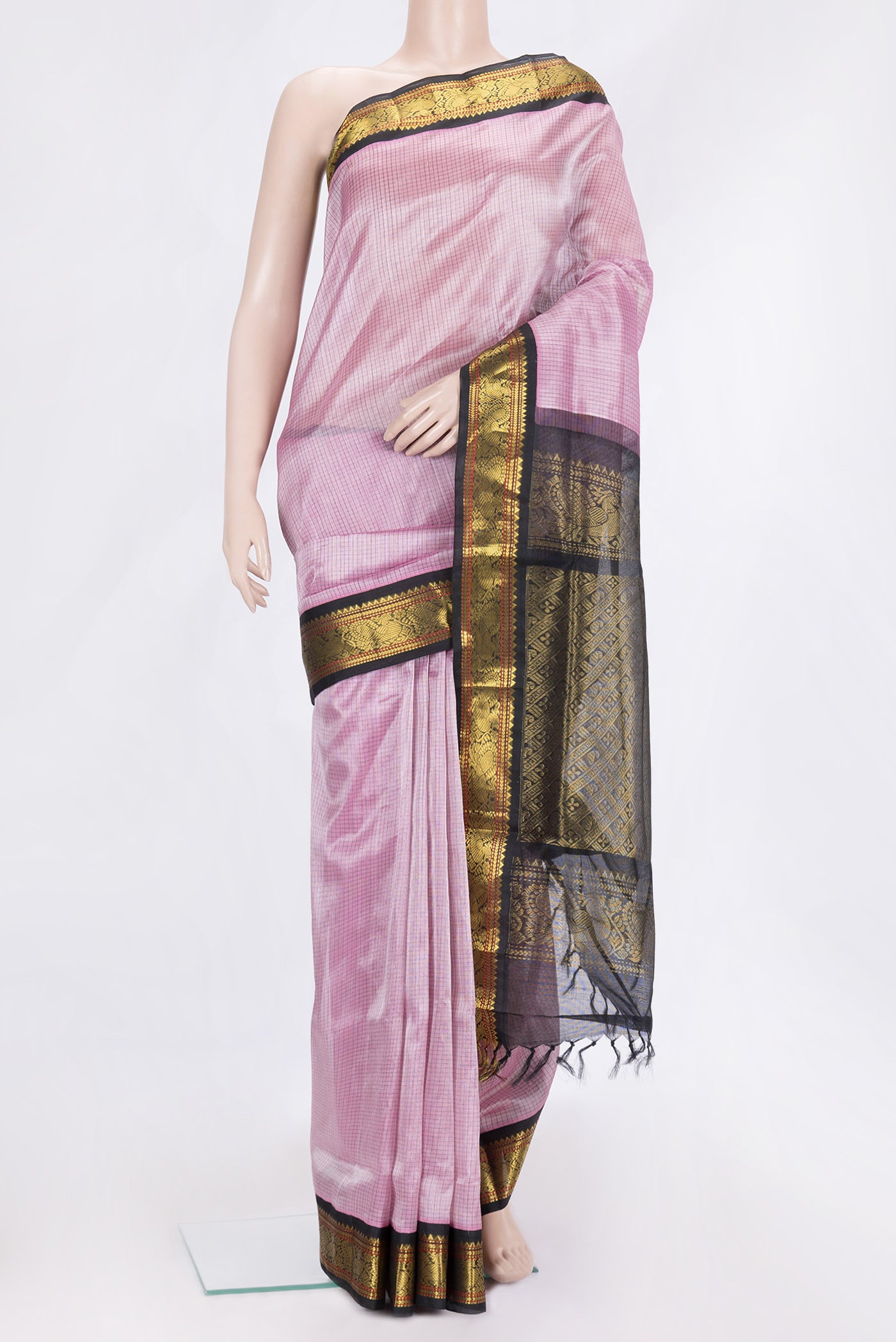 Lavender Dual Tone Silk Cotton Saree with Zari Butta on the body and Zari Border.  displayed on a mannequin