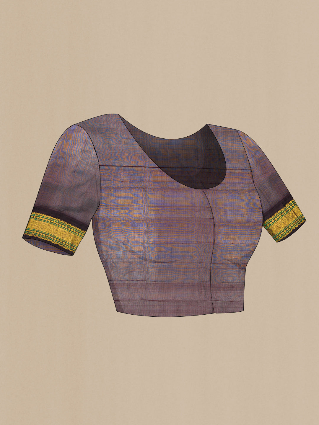 Close up image of the blouse of Lavender Silk Cotton Saree with Checked design on the body and Zari Border. 
