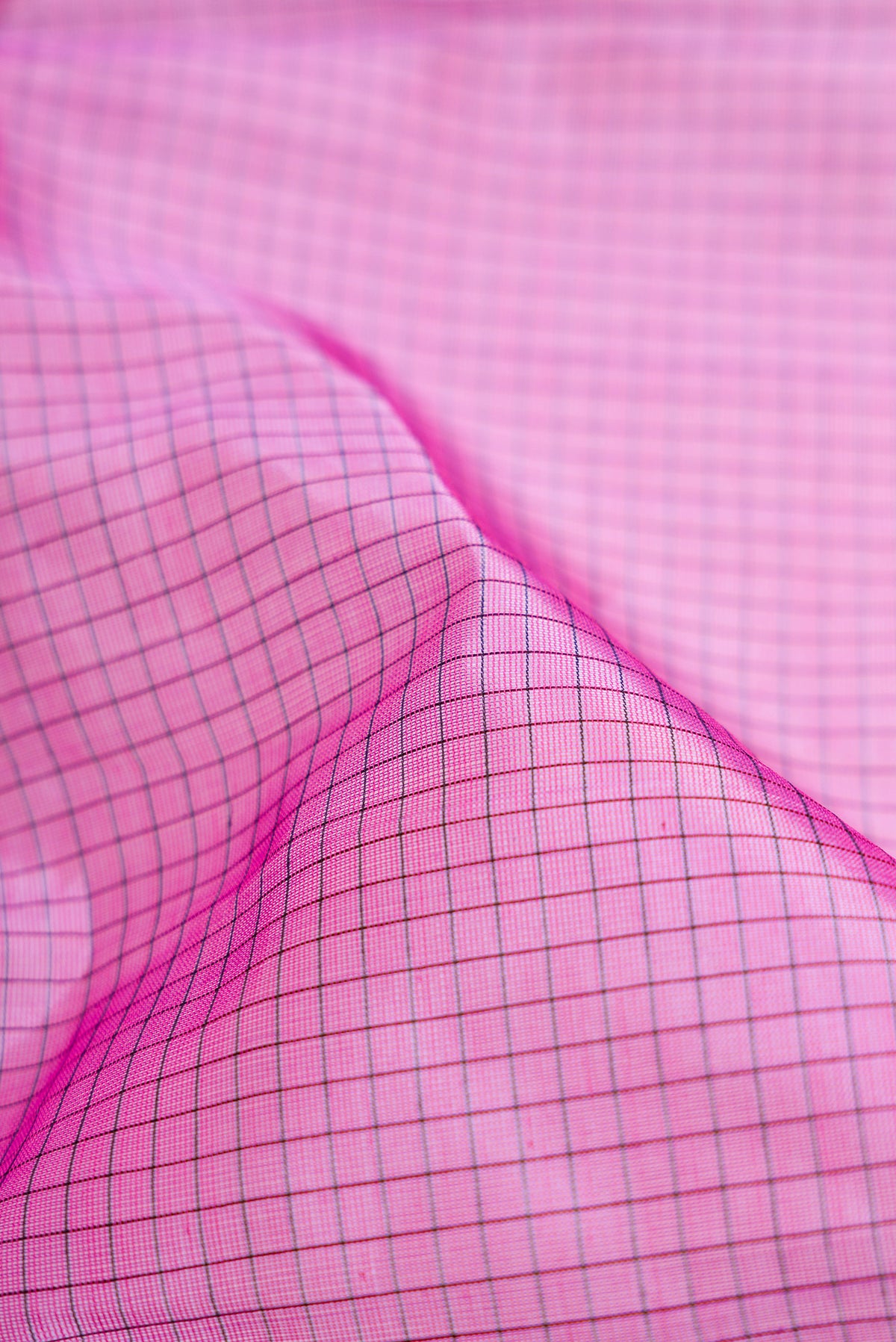 Close up of Lavender Silk Cotton Saree with Checked design on the body and Zari Border.  displaying folds