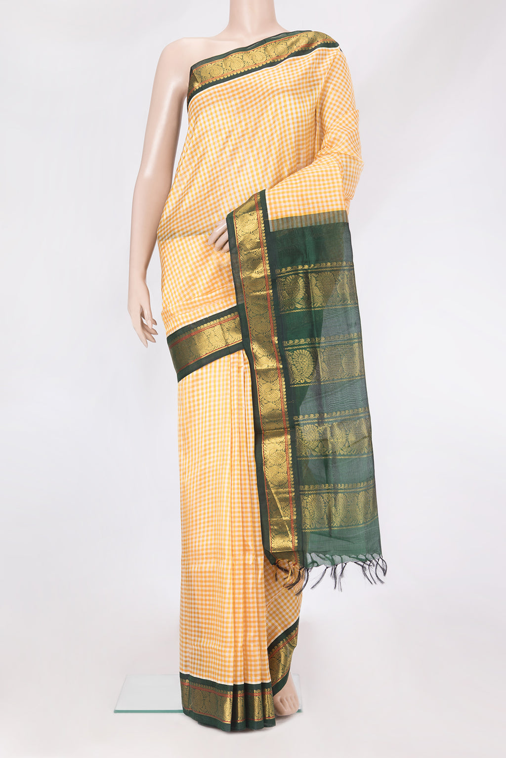Yellow Silk Cotton Nine Yards Saree with Checked design on the body and Zari Border.  displayed on a mannequin