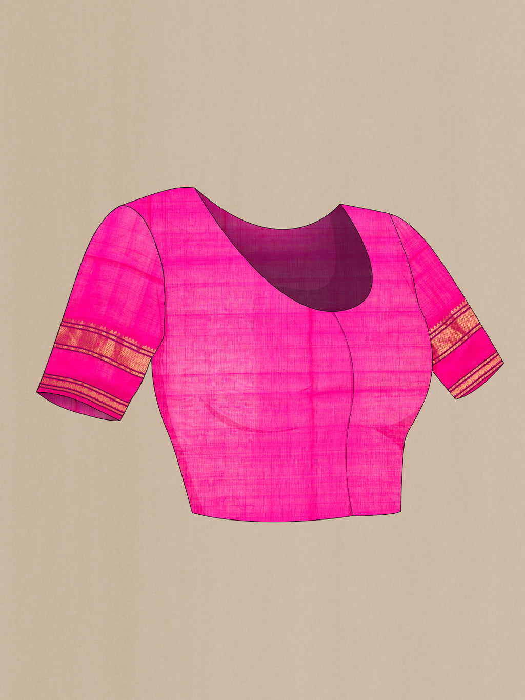 Close up image of the blouse of Mustard Silk Cotton Saree with Stripes on the body and Zari Border. 