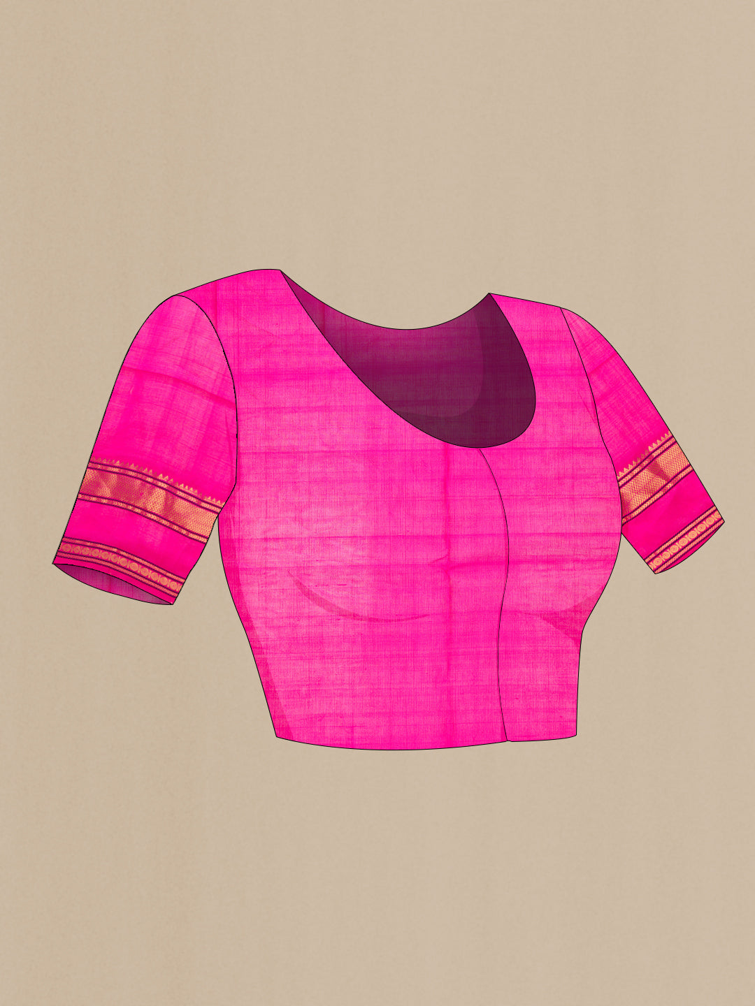 Close up image of the blouse of Mustard Silk Cotton Saree with Stripes on the body and Zari Border. 