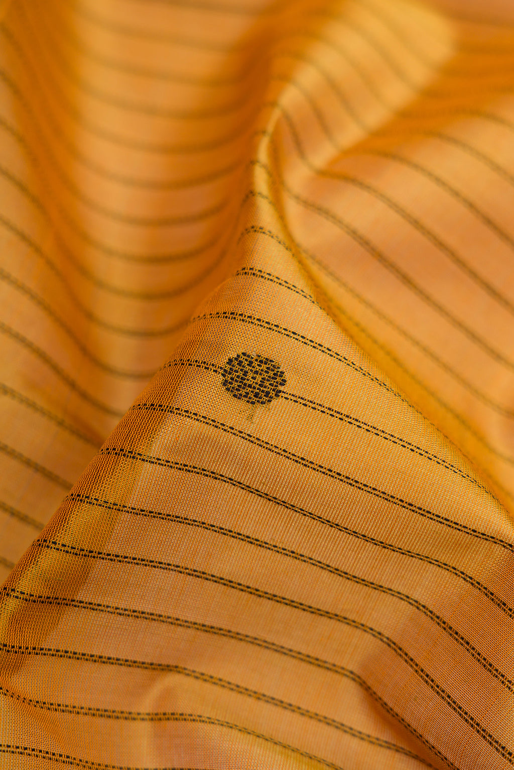 Close up of Mustard Silk Cotton Saree with Stripes on the body and Zari Border.  displaying folds