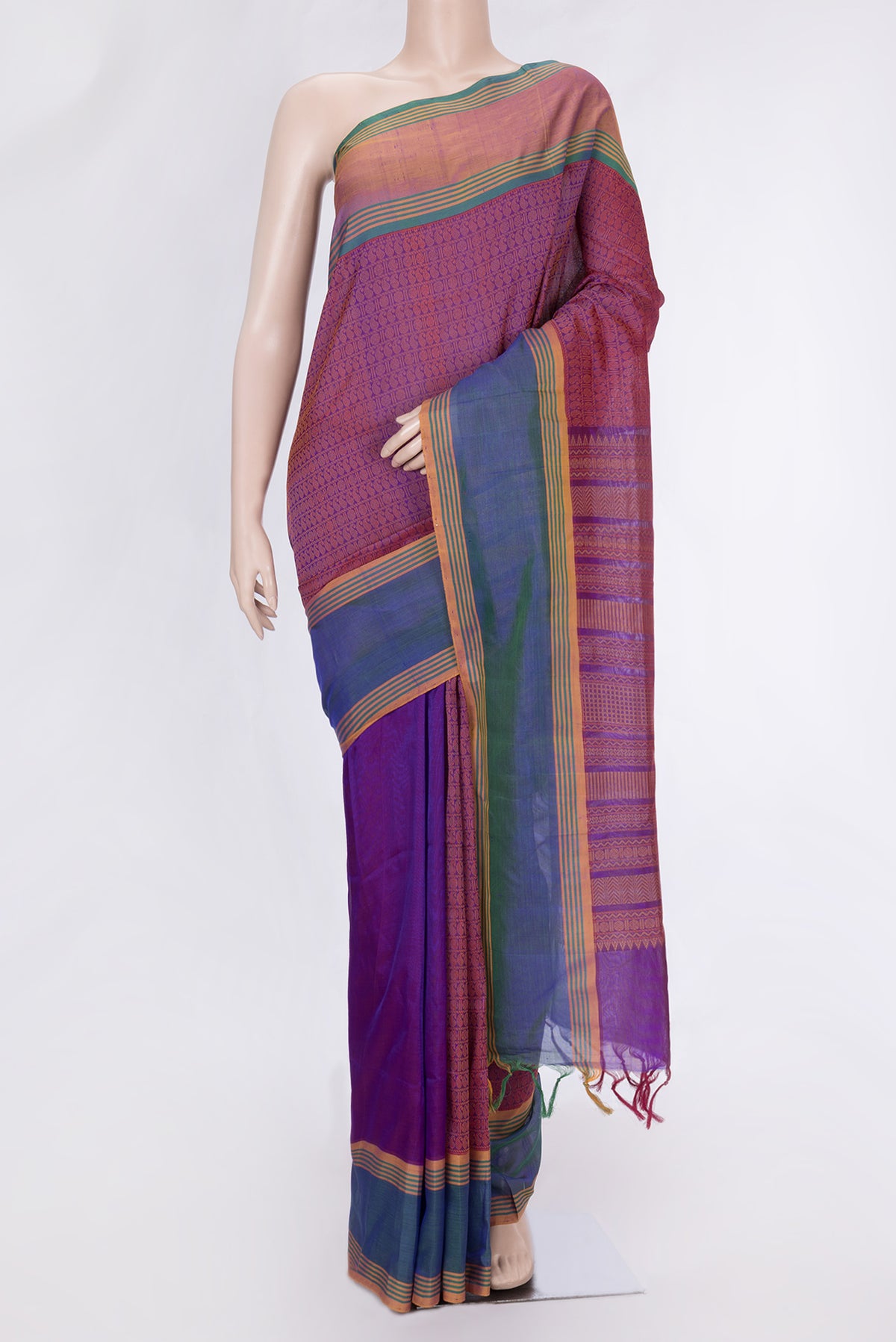 Purple Dual Tone Cotton Saree with Jacquard design on the body and Thread Border.  displayed on a mannequin