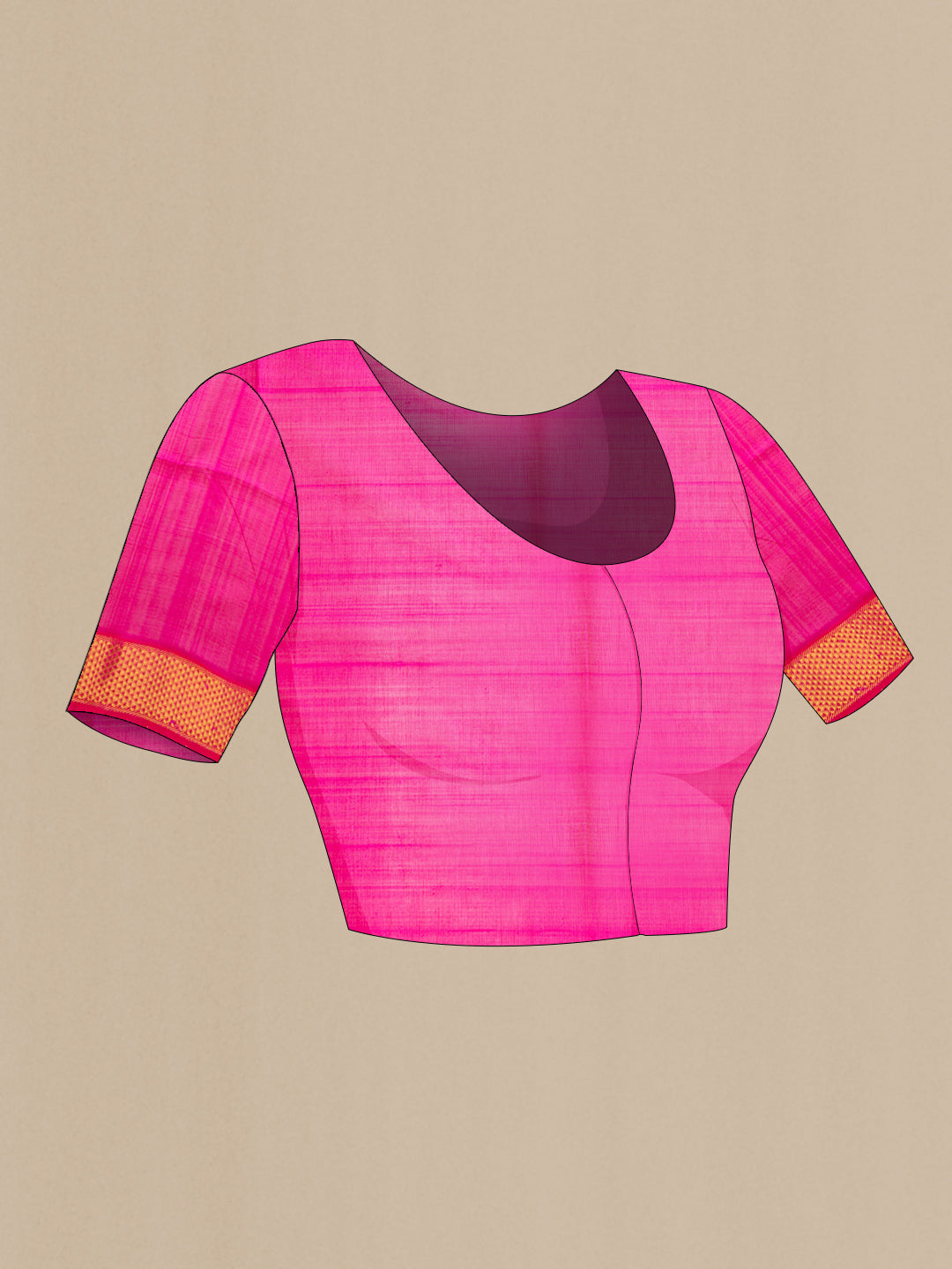 Close up image of the blouse of Magenta Dual Tone Silk Cotton Saree with Checked design on the body and Zari Border. 
