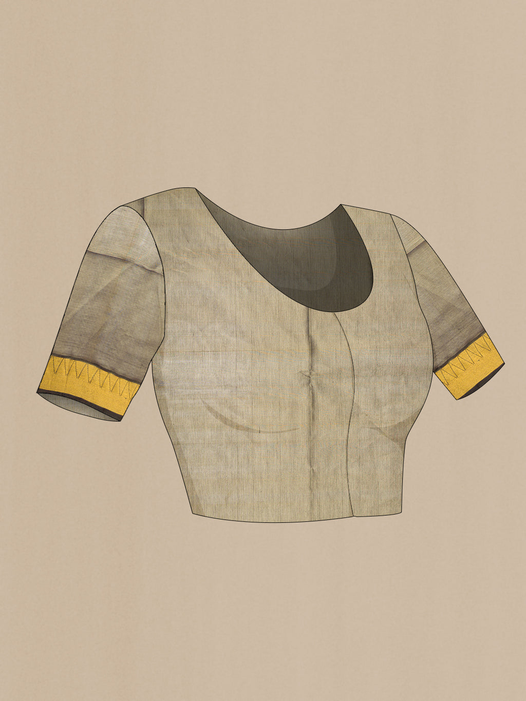 Close up image of the blouse of Beige Silk Cotton Saree with Checked design on the body and Zari Border. 