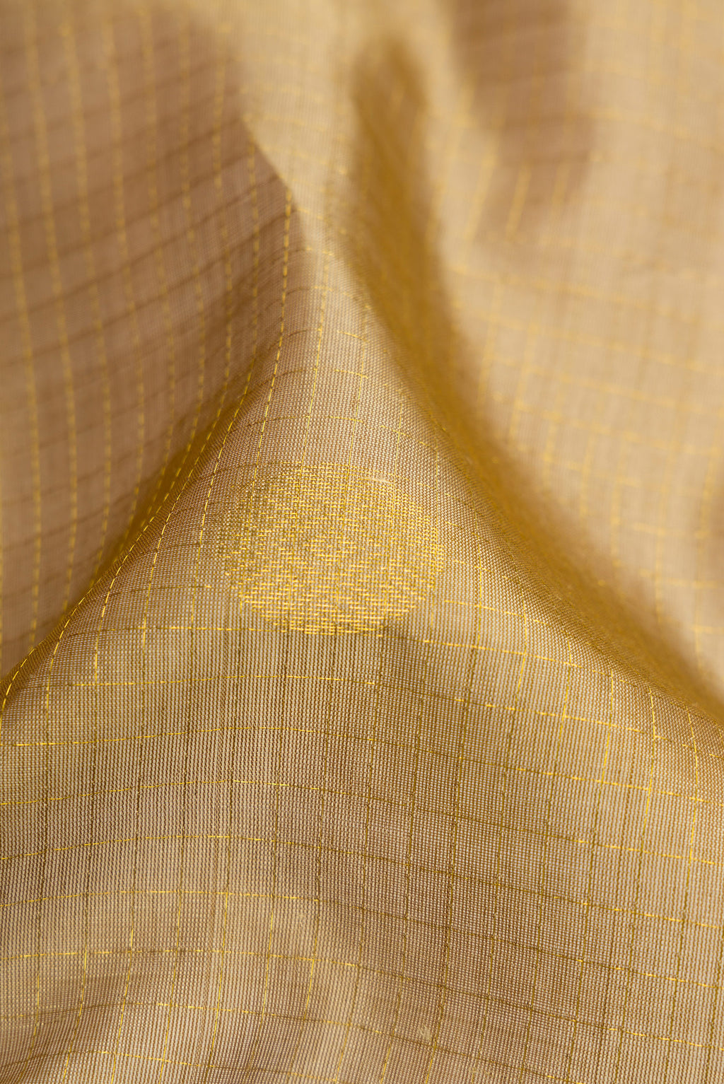Close up of Beige Silk Cotton Saree with Checked design on the body and Zari Border.  displaying folds