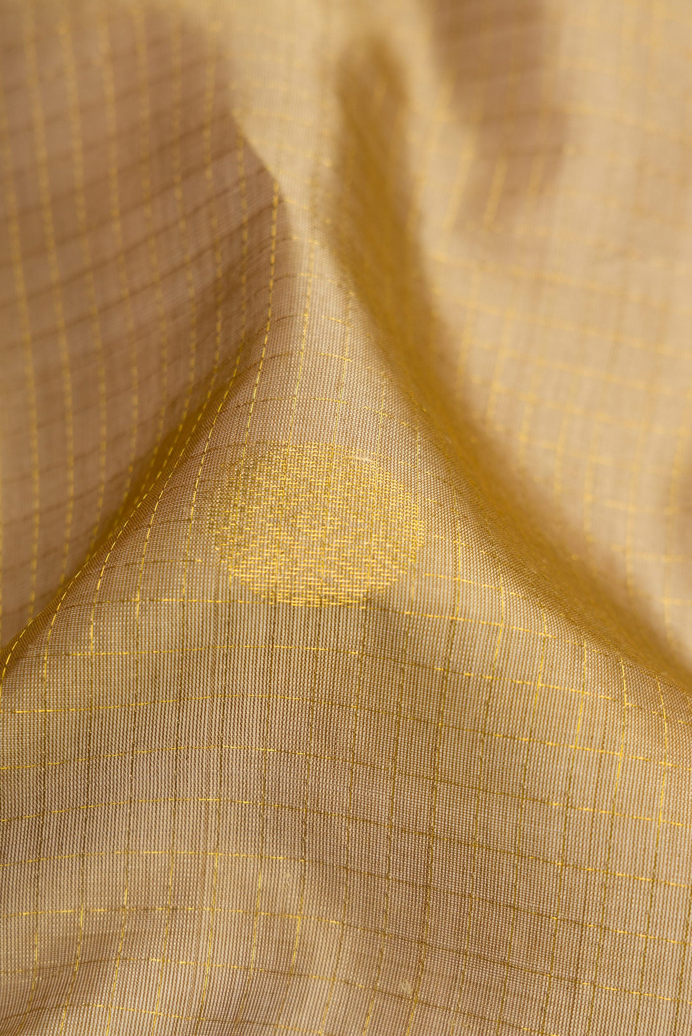Close up of Beige Silk Cotton Saree with Checked design on the body and Zari Border.  displaying folds