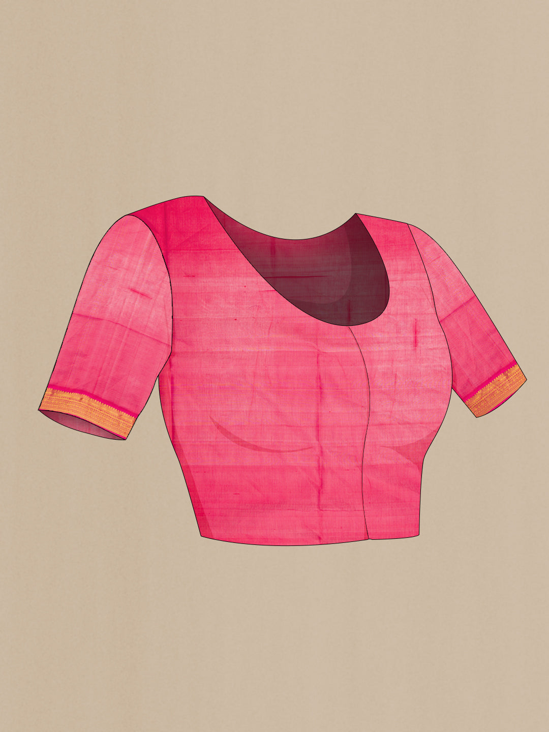 Close up image of the blouse of Maroon Silk Cotton Saree with Stripes on the body and Zari Border. 