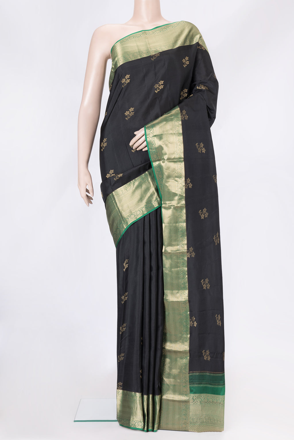 Black Dual Tone Kanjivaram Silk Saree with Zari Butta on the body and Zari Border.  displayed on a mannequin