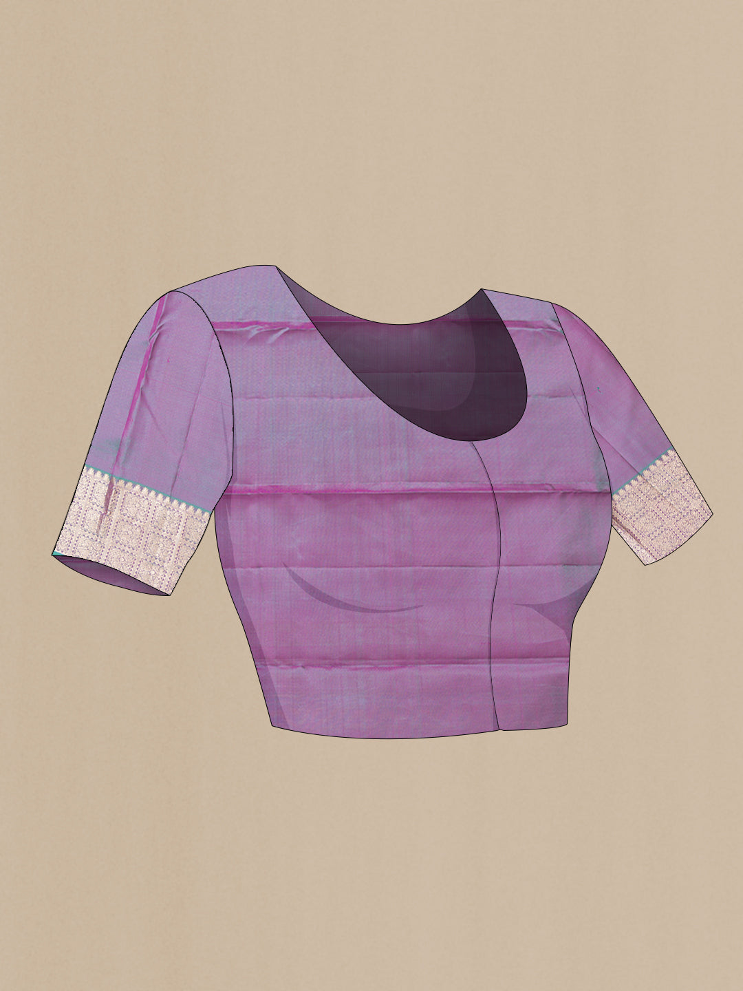 Close up image of the blouse of Pink Dual Tone Kanchipuram Silk Saree with Stripes on the body and Zari Border. 