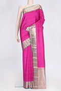 Pink Dual Tone Kanchipuram Silk Saree with Stripes on the body and Zari Border.  displayed on a mannequin
