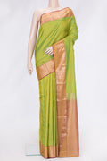 Parrot Green Dual Tone Kanchipuram Silk Saree with Stripes on the body and Zari Border.  displayed on a mannequin