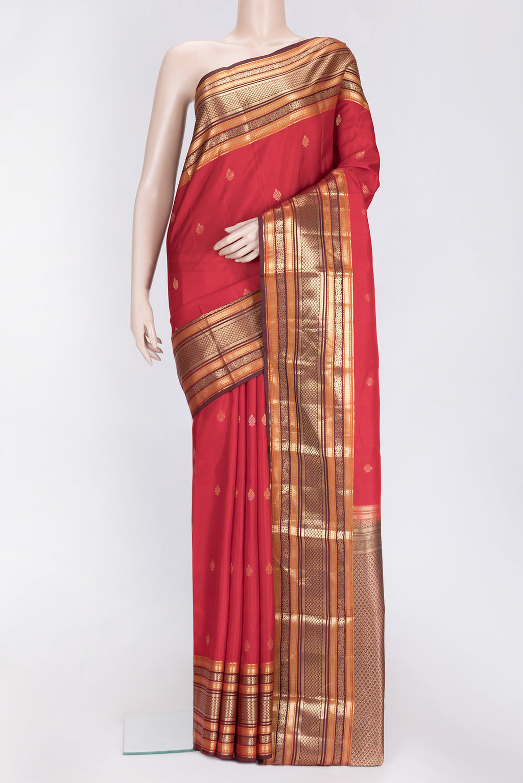 Red Dual Tone Kanchipuram Silk Saree with Zari Butta on the body and Zari Border.  displayed on a mannequin