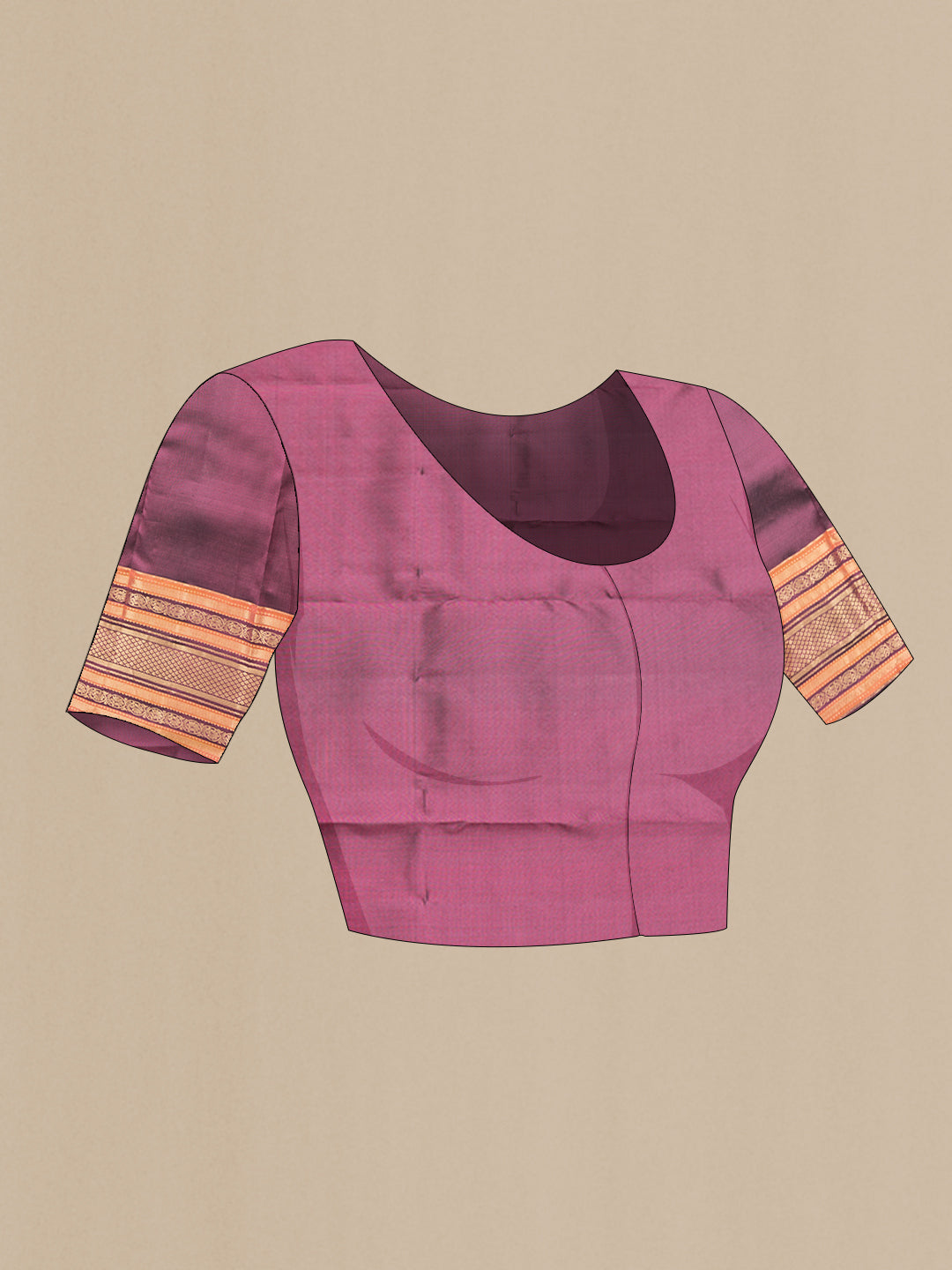 Close up image of the blouse of Orange Dual Tone Kanchipuram Silk Saree with Zari Butta on the body and Zari Border. 