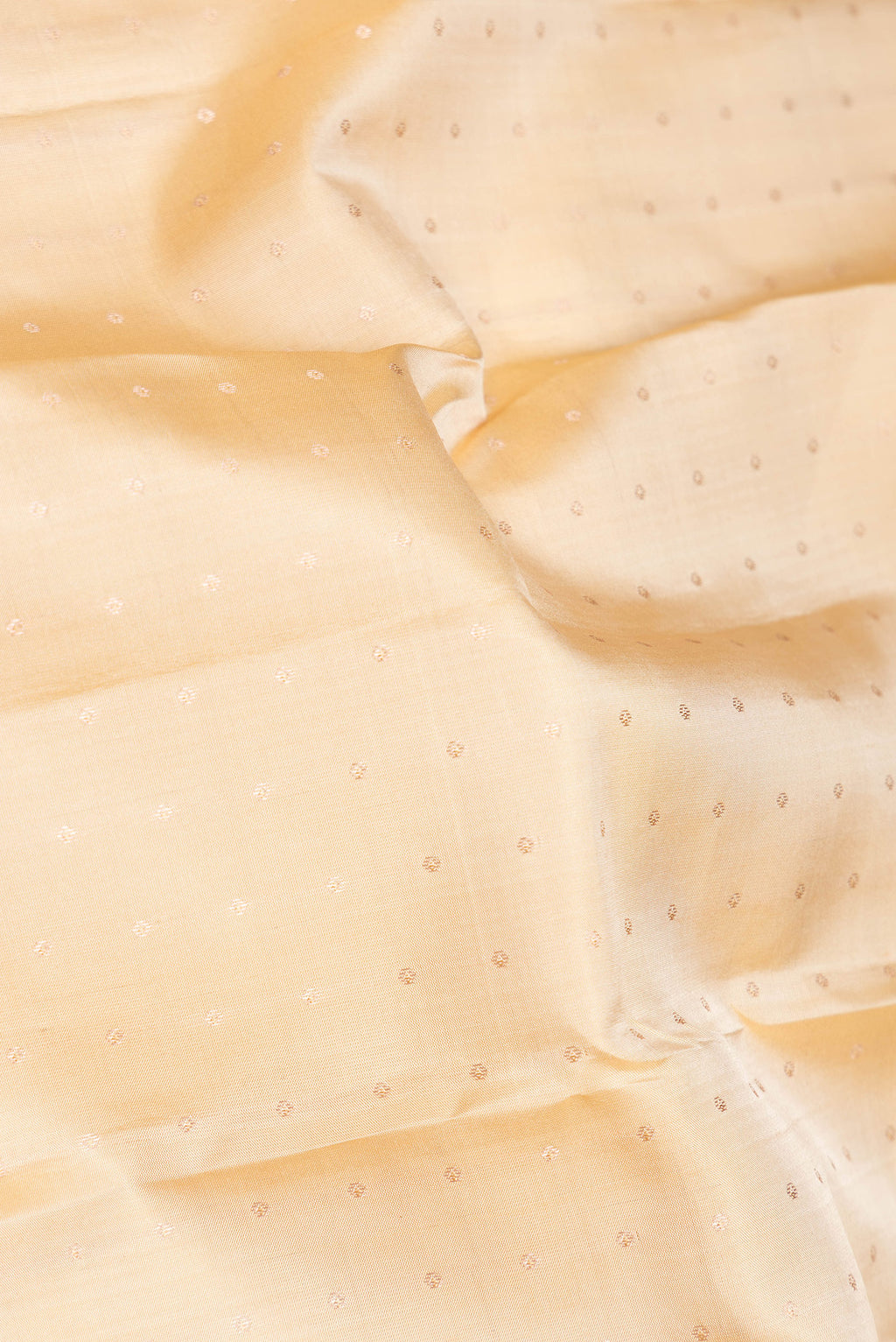 Close up of Beige Dual Tone Kanchipuram Silk Saree with Zari Butta on the body and Zari Border.  displaying folds