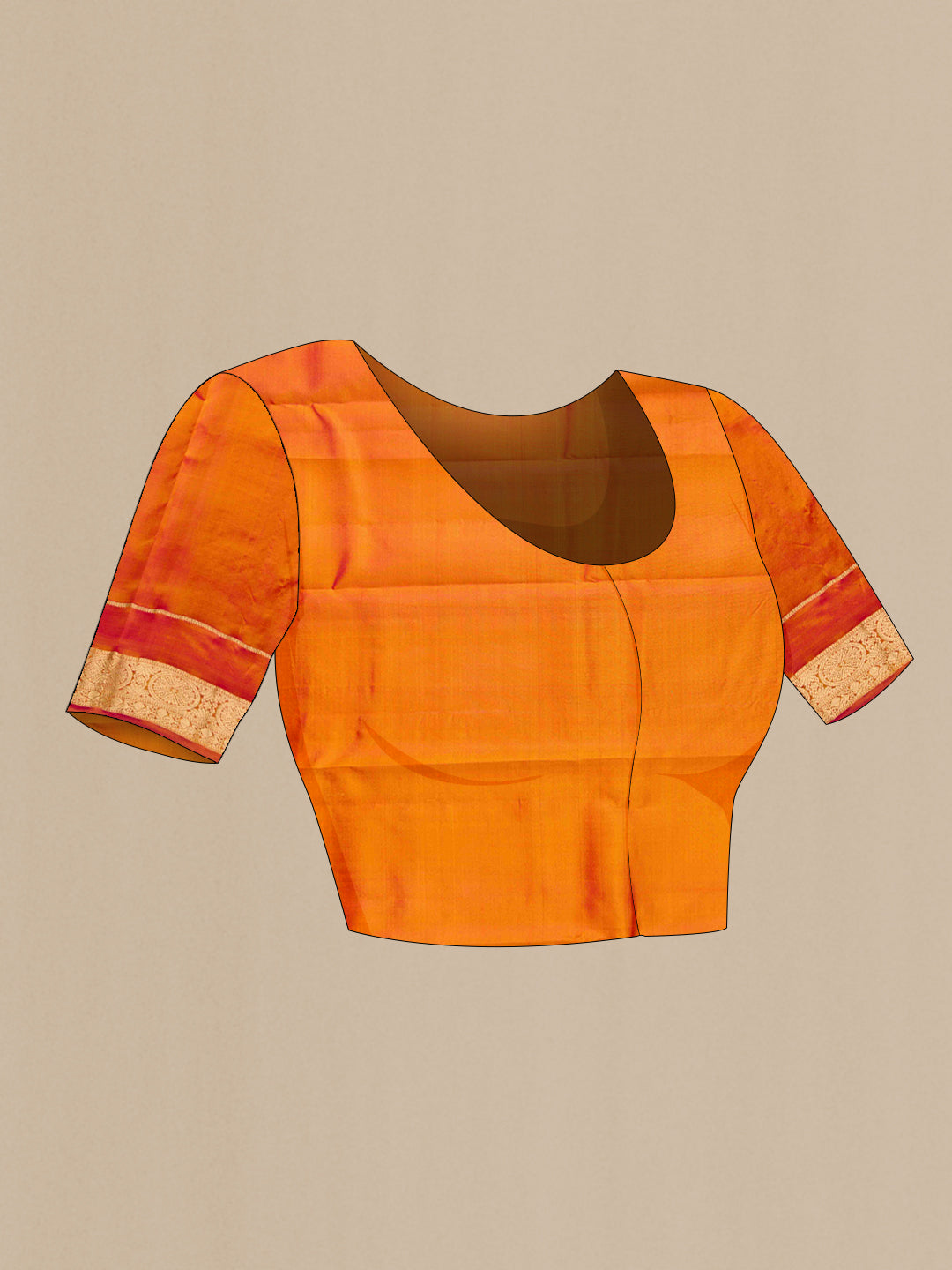 Close up image of the blouse of Mustard Dual Tone Kanchipuram Silk Saree with Zari Butta on the body and Zari Border. 