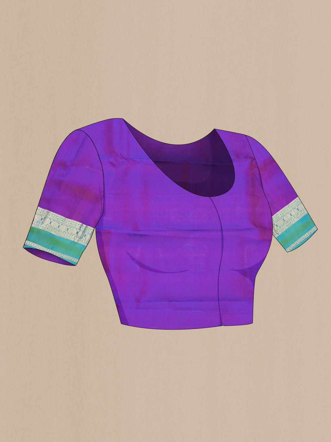 Close up image of the blouse of Royal Blue Dual Tone Kanchipuram Silk Saree with Stripes on the body and Ganga Jamuna Border. 