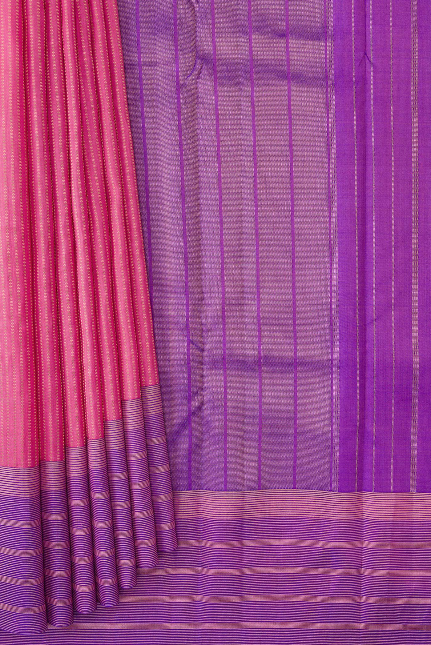 Pleats and pallu of Pink Dual Tone Kanchipuram Silk Saree with Stripes on the body and Zari Border. 