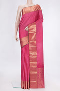 Pink Dual Tone Kanchipuram Silk Saree with Stripes on the body and Zari Border.  displayed on a mannequin