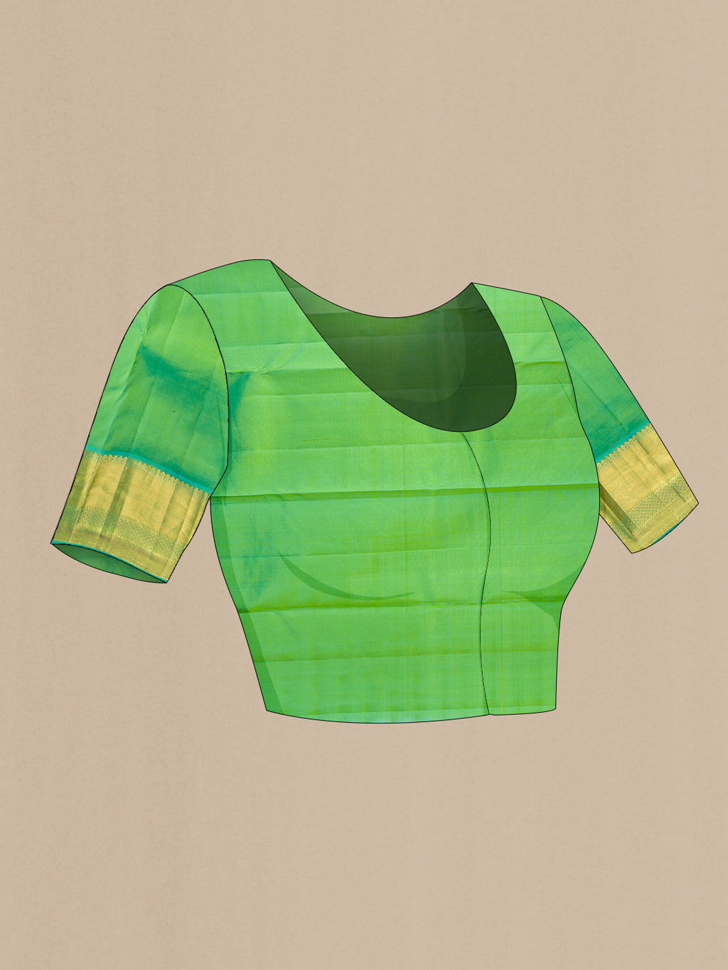 Close up image of the blouse of Parrot Green Dual Tone Kanjivaram Silk Saree with Zari Butta on the body and Zari Border. 