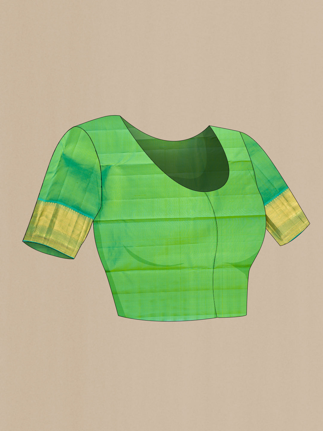 Close up image of the blouse of Parrot Green Dual Tone Kanjivaram Silk Saree with Zari Butta on the body and Zari Border. 